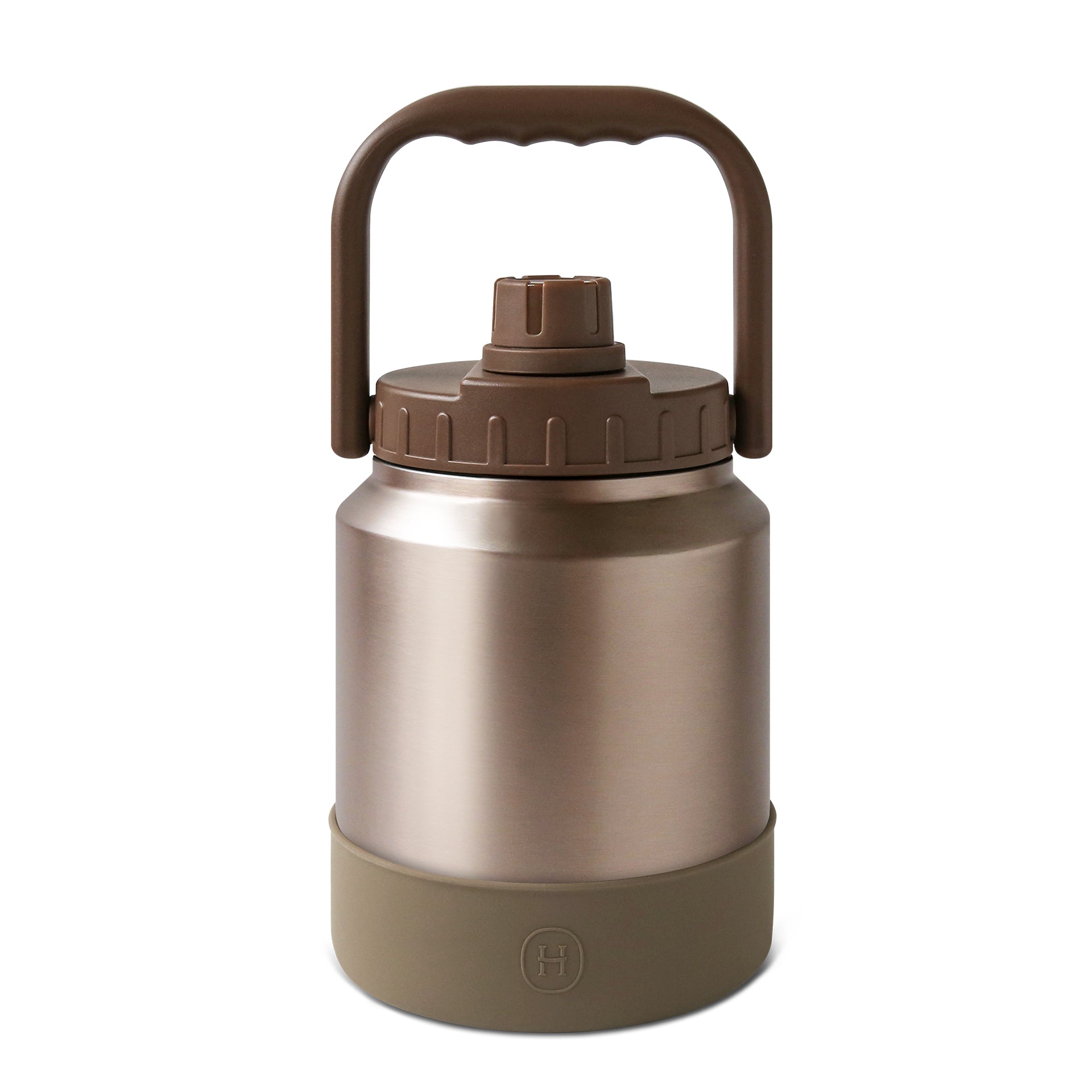 Brown insulated bottle with handle on a white background