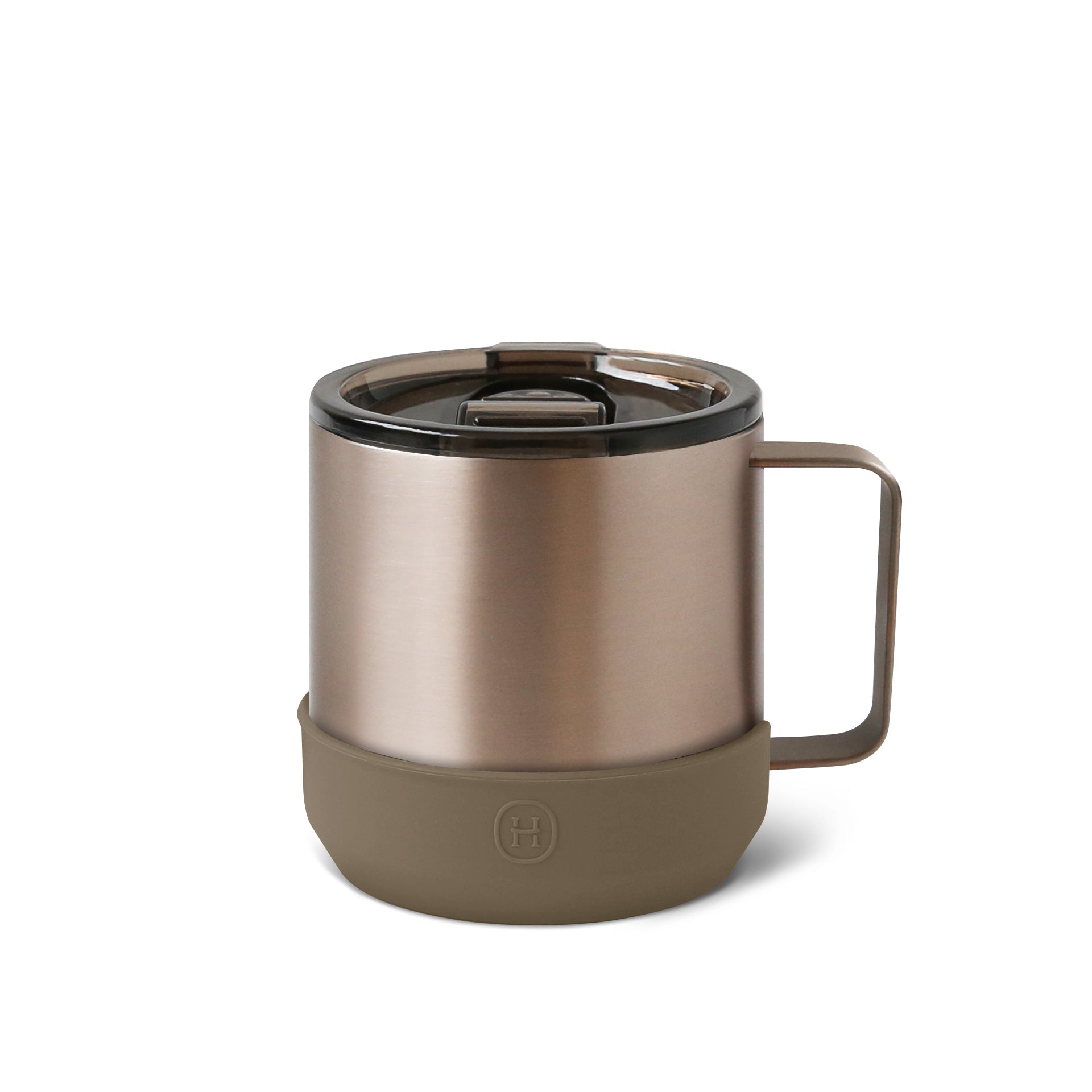 Brown insulated mug with a handle on a white background