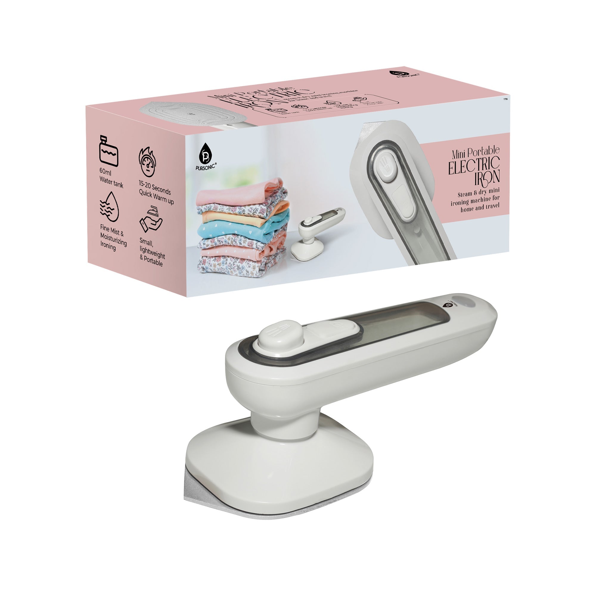 White portable electric iron with pink packaging on a white background