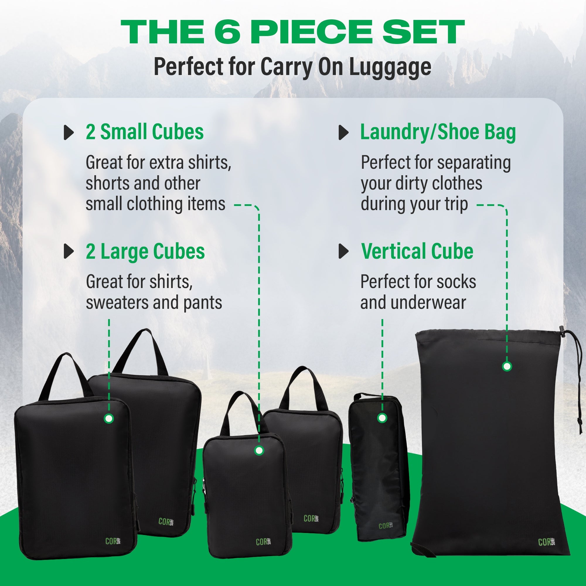 Set of black travel cubes with product features on a white background