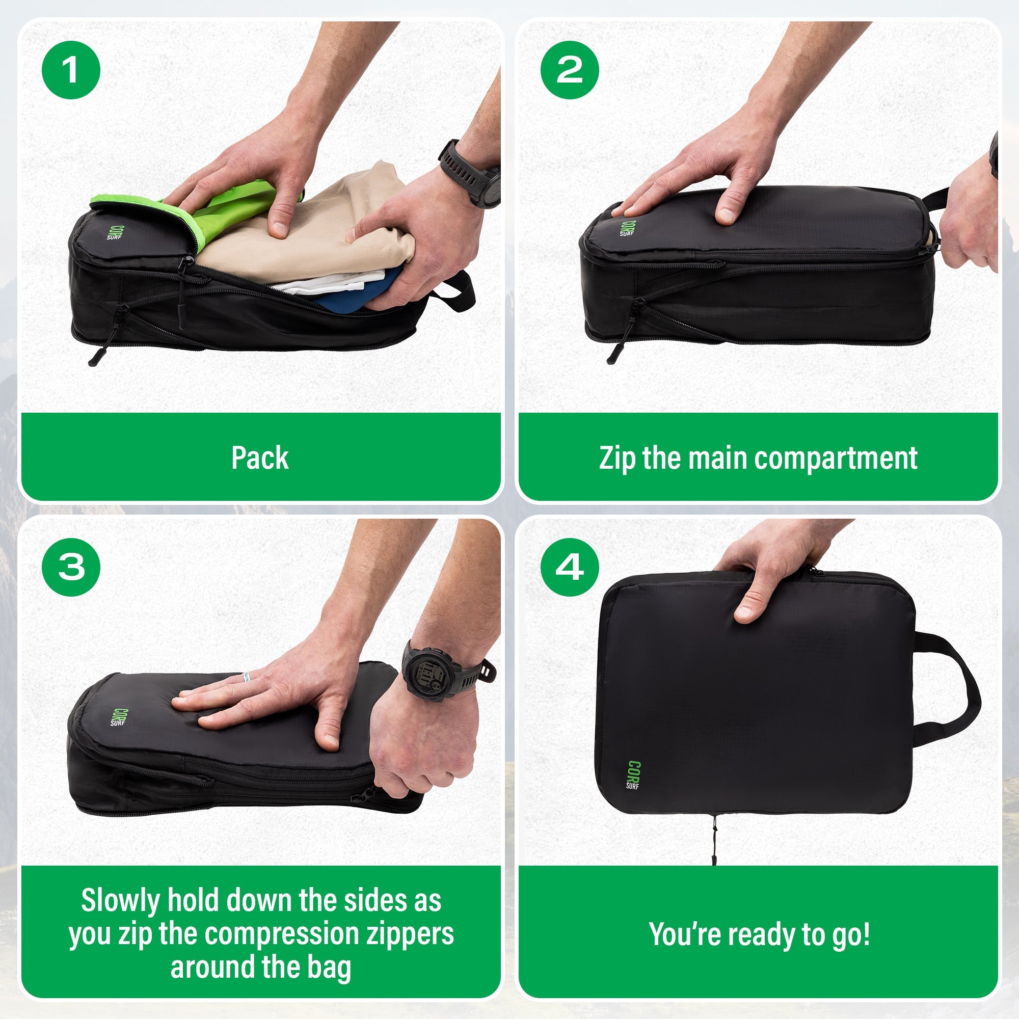 Step-by-step guide on how to pack and compress a black bag with text instructions.