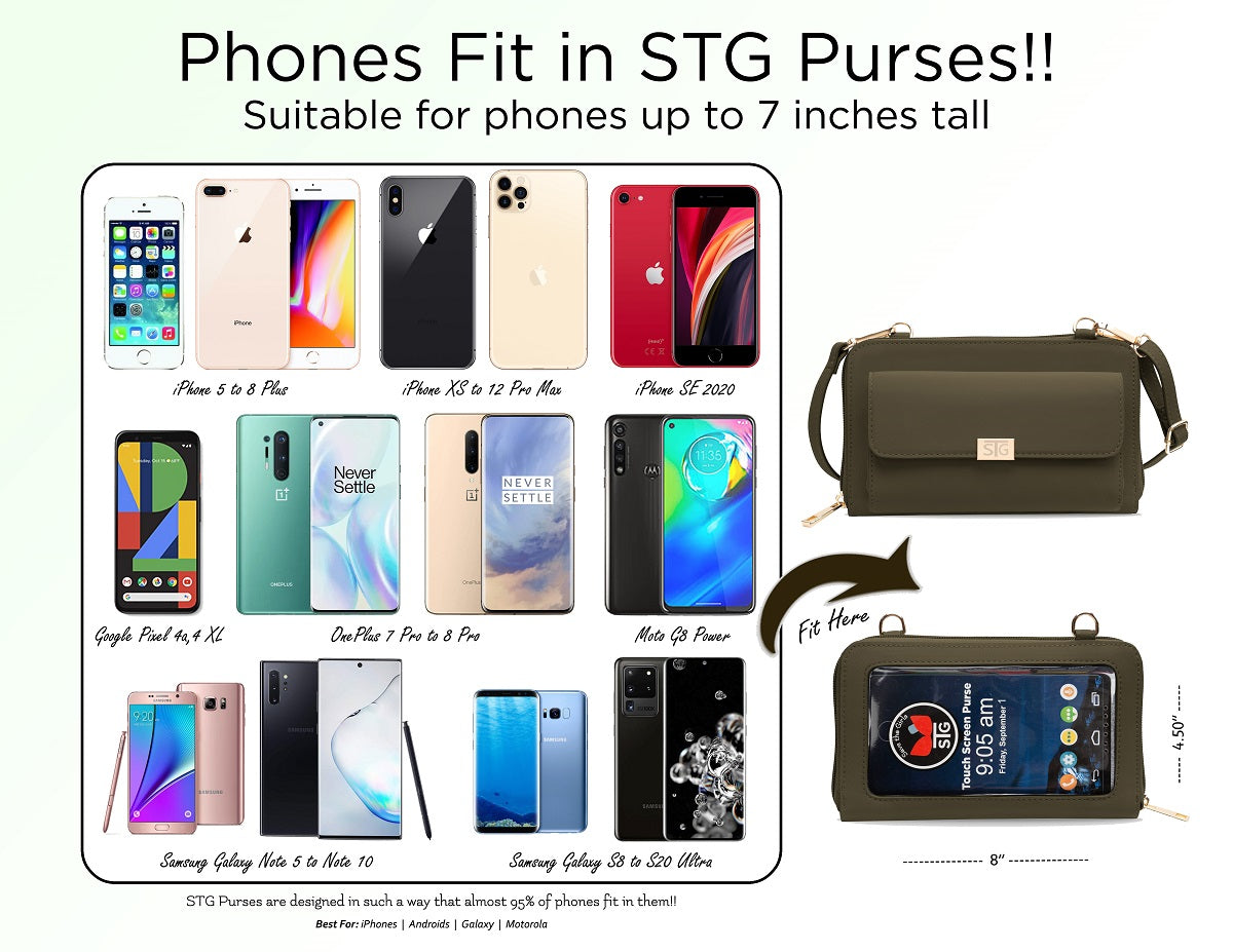 STG purses with compatibility for various smartphones displayed on a white background.