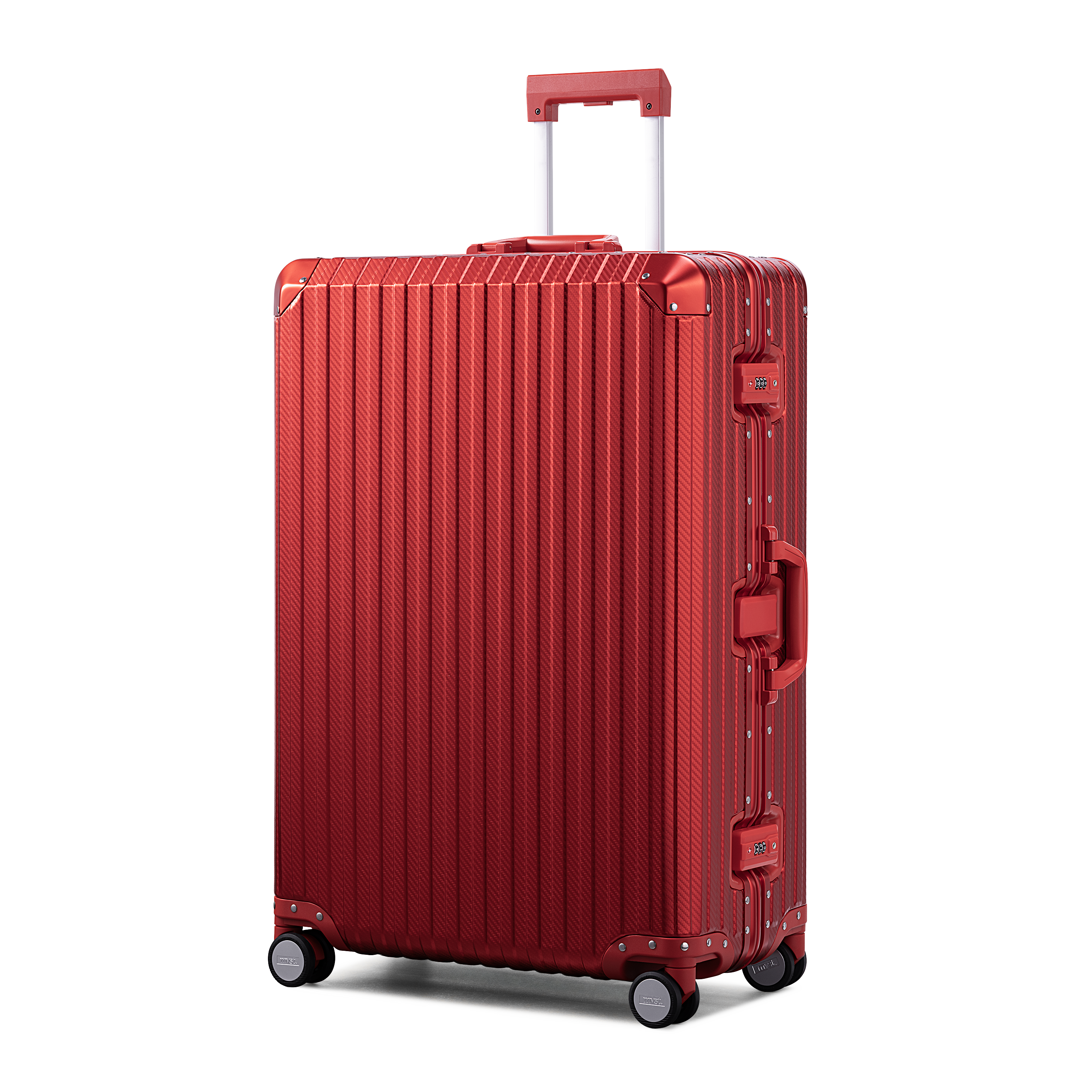 Red suitcase with a textured surface on a white background