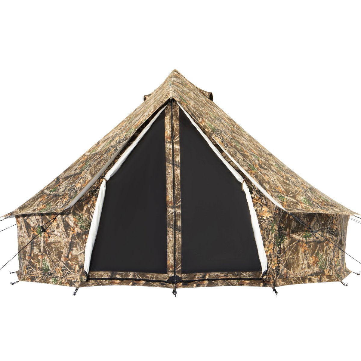 Camouflage tent with a black interior on a white background