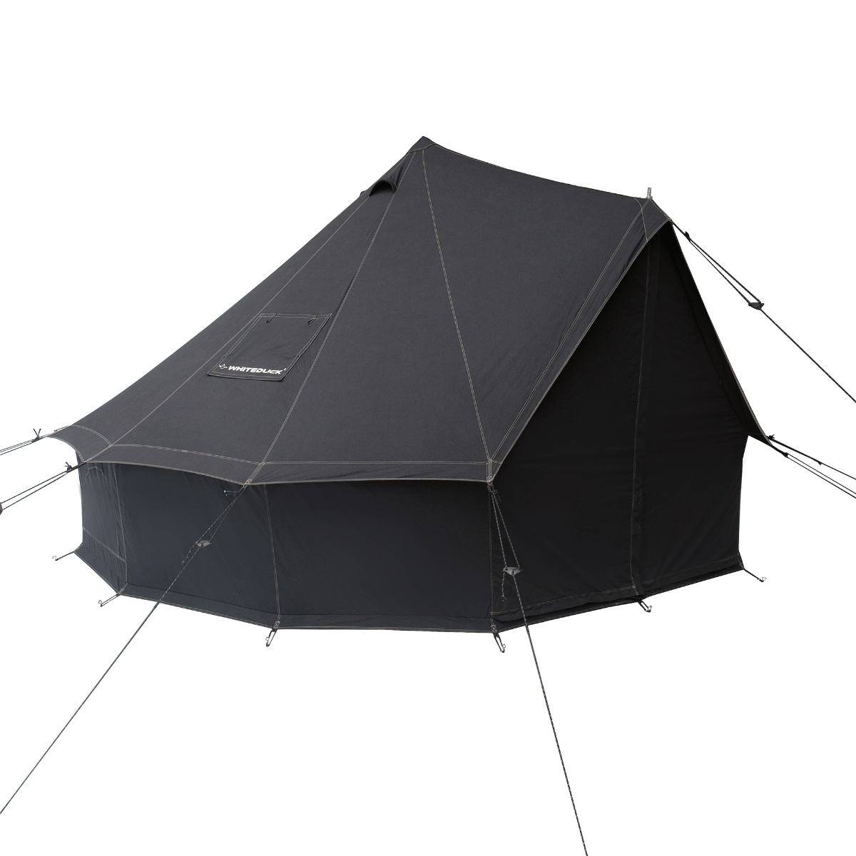 Black tent with brand logo on a white background