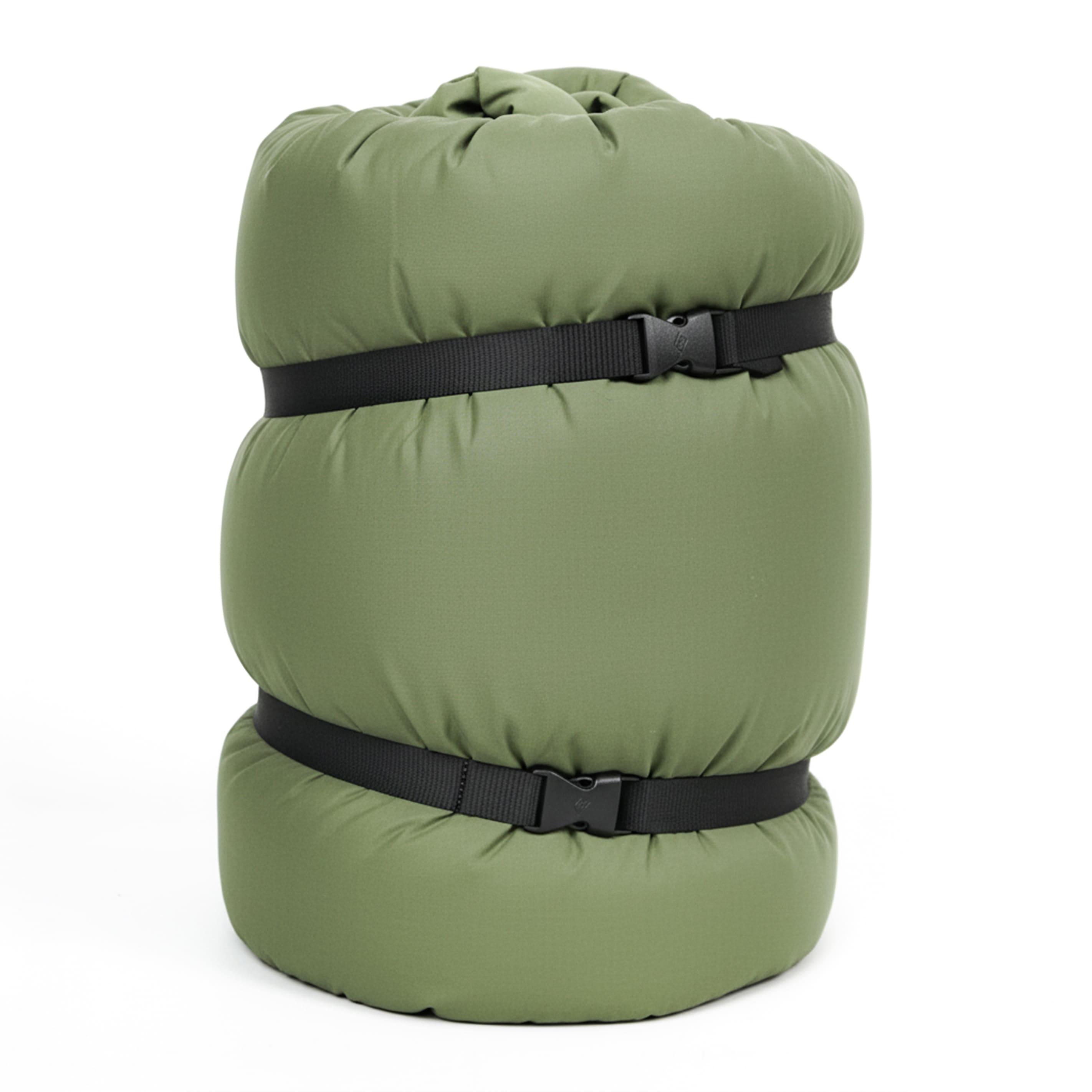 Green sleeping bag with black straps on a white background