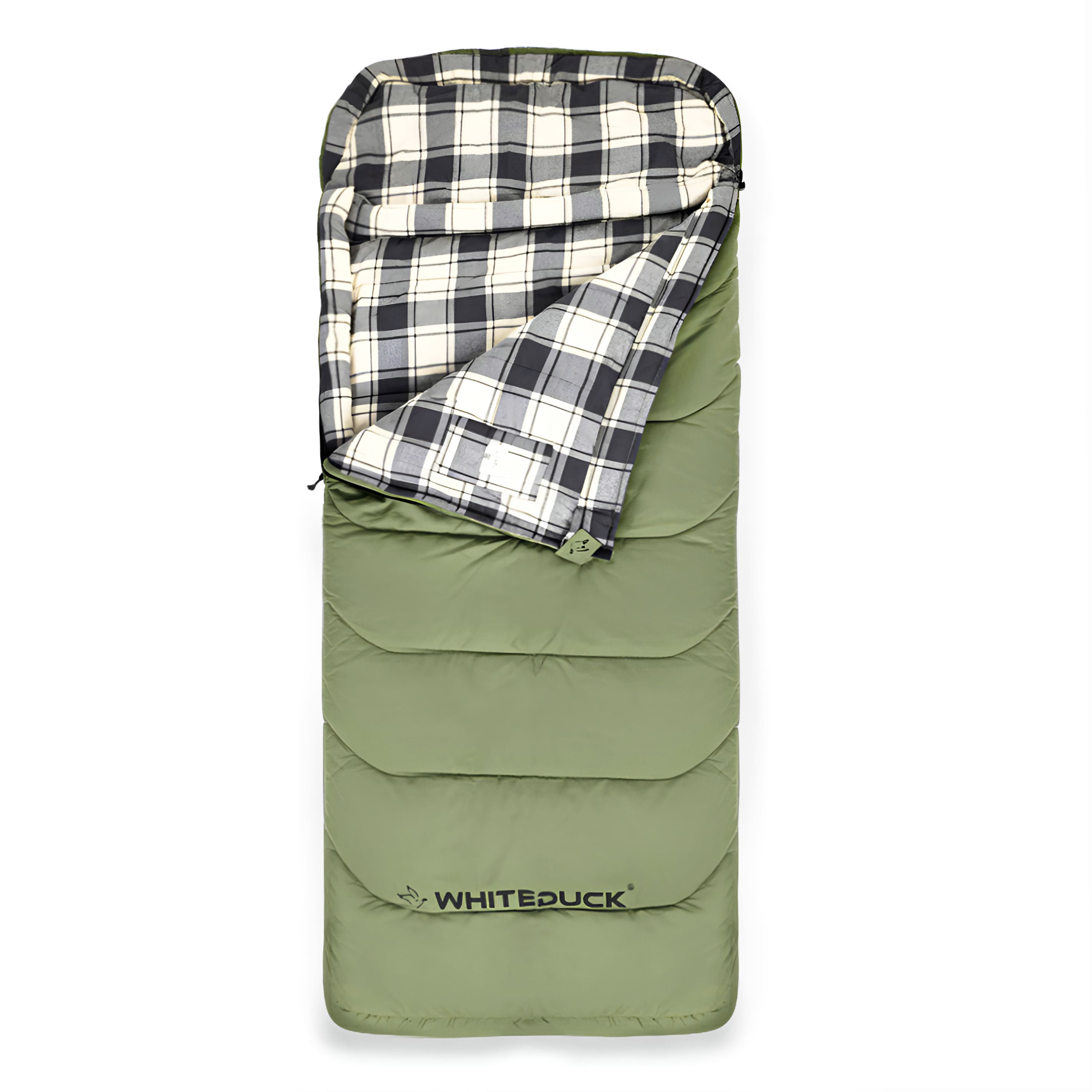 Green sleeping bag with plaid interior on a white background, featuring the brand 'WhiteDuck'.