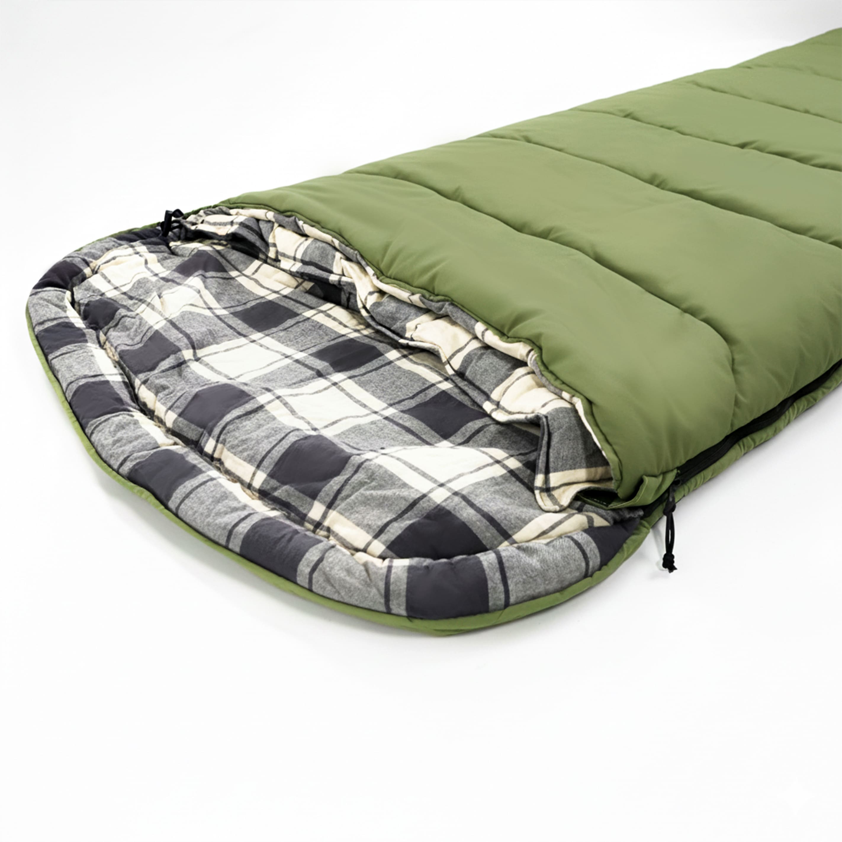 Green sleeping bag with plaid interior on a white background