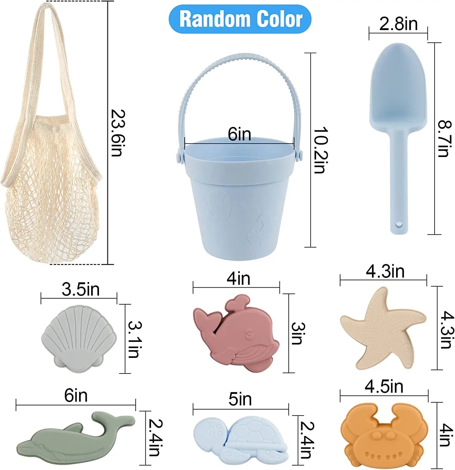 Set of beach toys with dimensions and a net bag for storage.