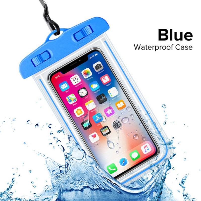 Blue waterproof phone case with a smartphone inside, surrounded by water droplets on a white background.