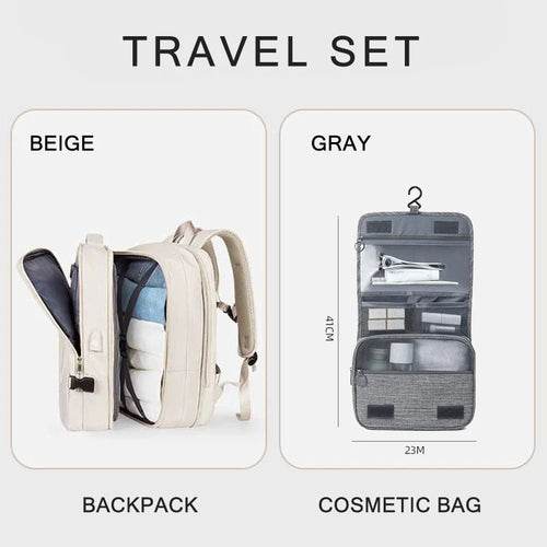 Extendable Travel Backpack With USB Beige A set 01gy