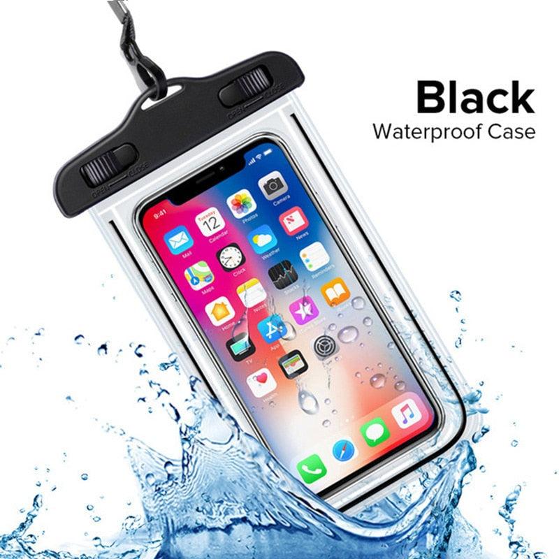 Black waterproof phone case with a smartphone inside, surrounded by water droplets on a white background.