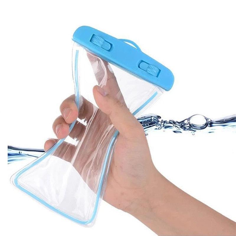 Hand holding a clear phone case with blue top and water splash design in the background