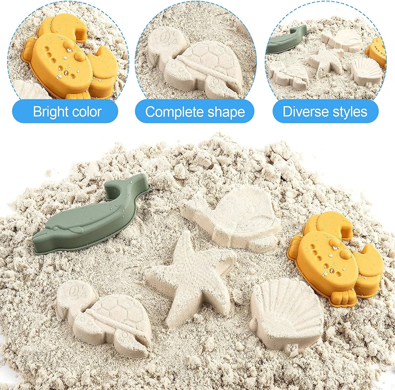 Set of sand toys including a turtle, starfish, and crab shape mold on sand.