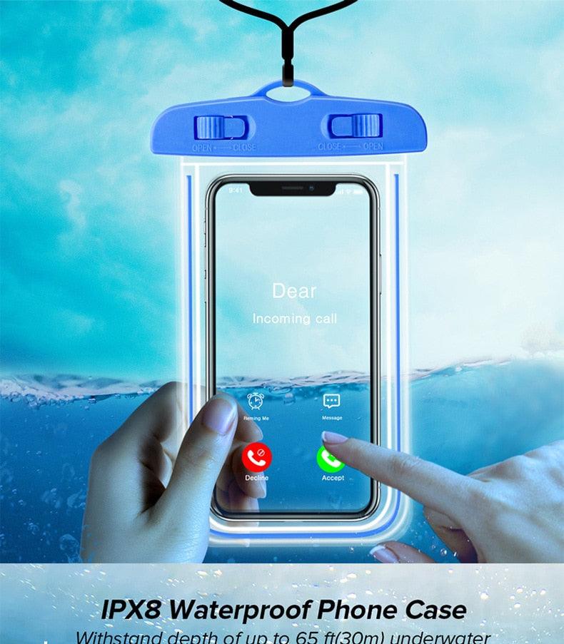 IPX8 waterproof phone case with a phone screen displaying an incoming call, held by a hand against a beach background.