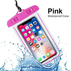 Pink waterproof phone case with a smartphone inside, surrounded by water splashes on a white background.