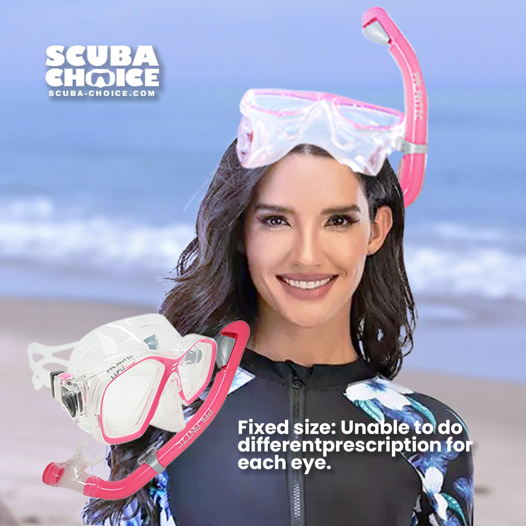 Woman wearing a snorkeling mask and goggles with a beach background, featuring Scuba Choice branding.