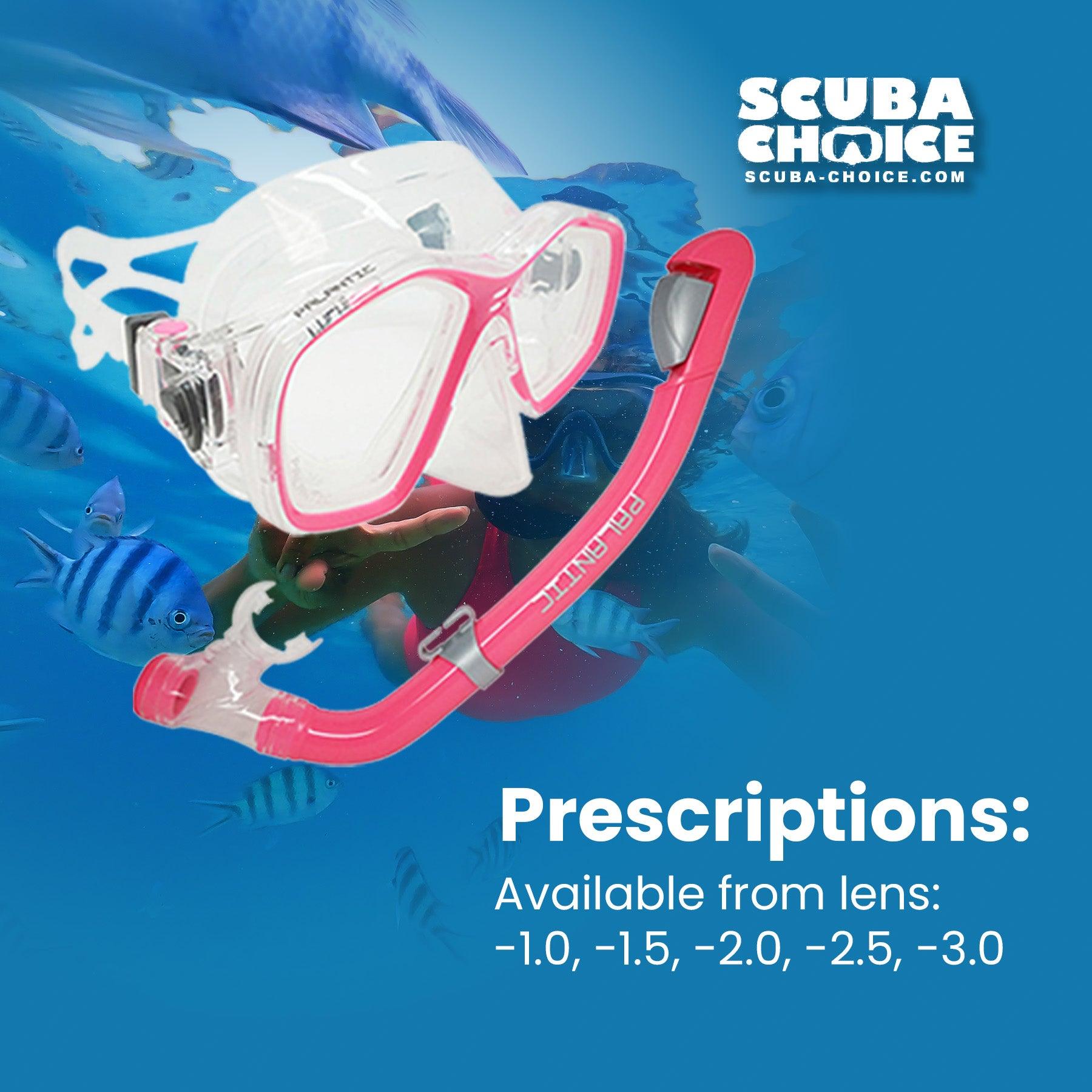 Pink and white diving mask with prescription information on a blue underwater background