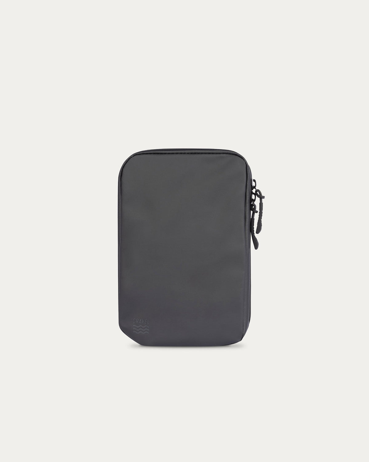 Black zippered pouch on a light gray background