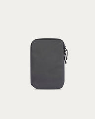 Black zippered pouch on a light gray background
