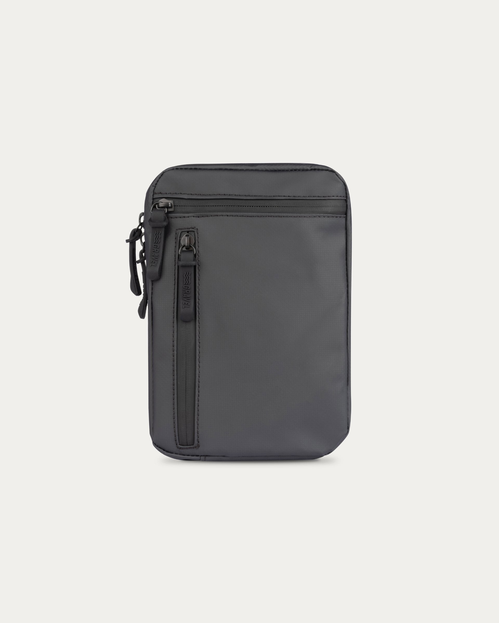 Black zippered pouch on a light gray background