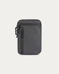 Black zippered pouch on a light gray background