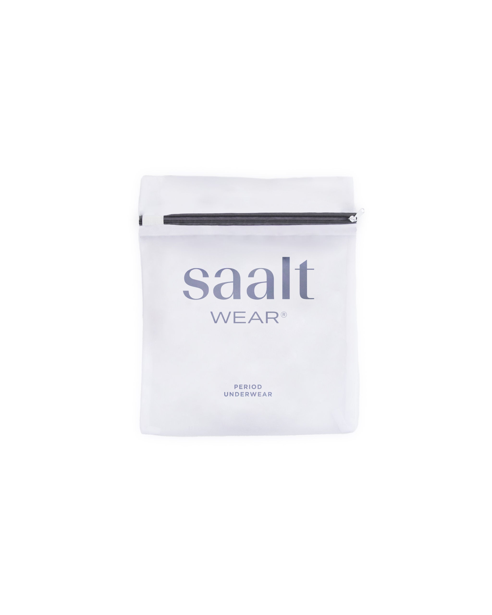 White pouch with 'saalt Wear' branding on a white background