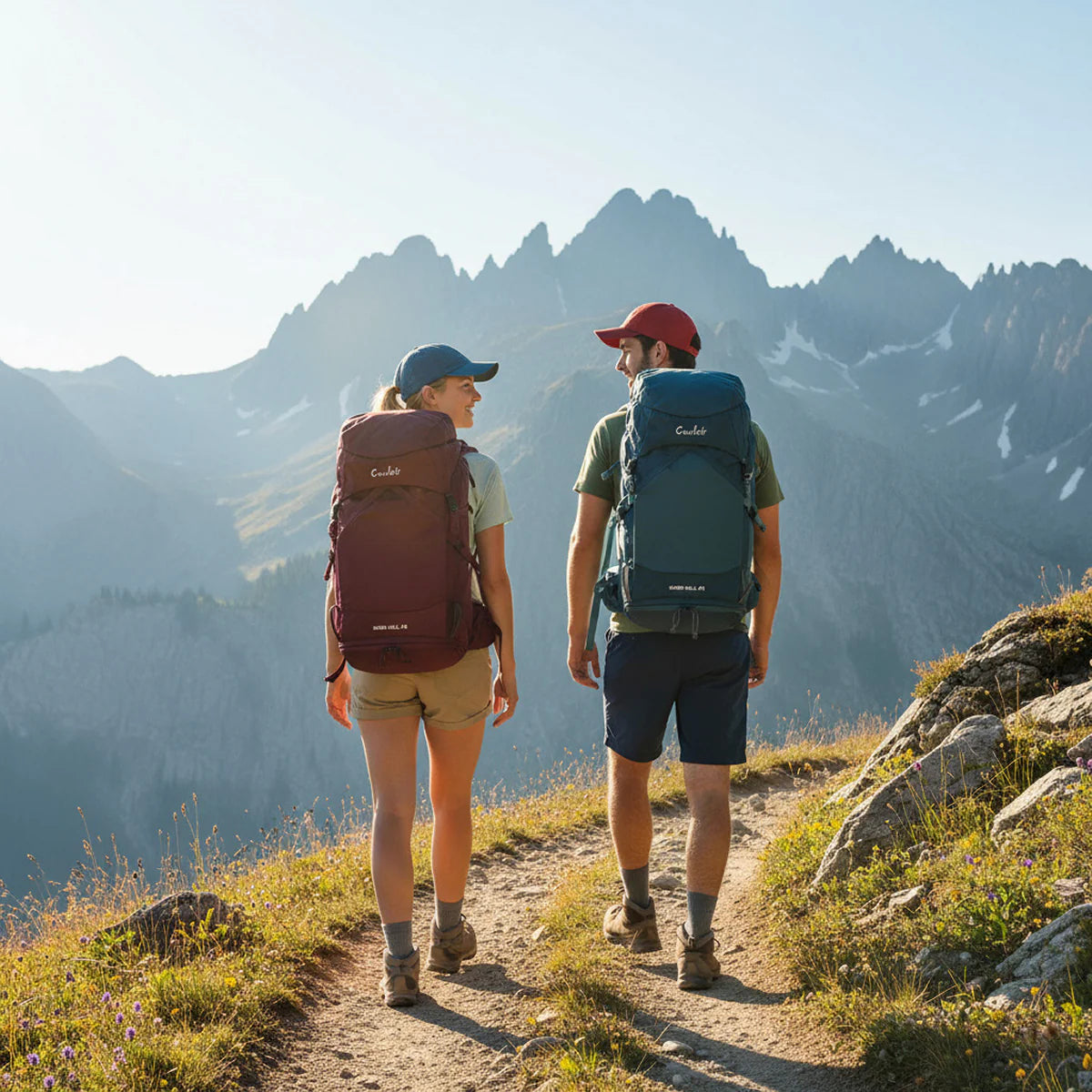 Two hikers with backpacks on a mountain trail with a scenic mountain background