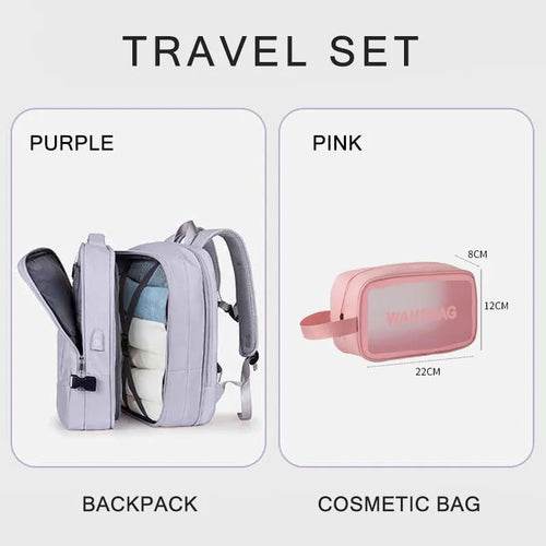 Extendable Travel Backpack With USB Purple A set 02pk