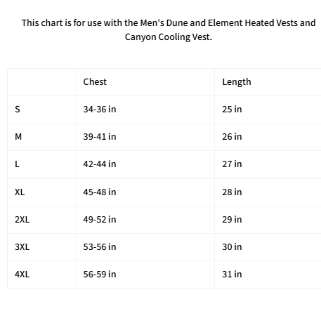 A sizing chart table showing chest and length measurements for Men's Dune and Element Heated Vests and Canyon Cooling Vest, with sizes S through 4XL and measurements in inches on a white background.