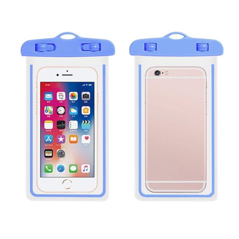 Two phone cases with smartphones inside, one showing front screen and the other back, on a white background.