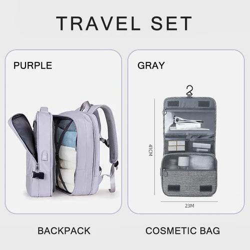 Extendable Travel Backpack With USB Purple A set 01gy