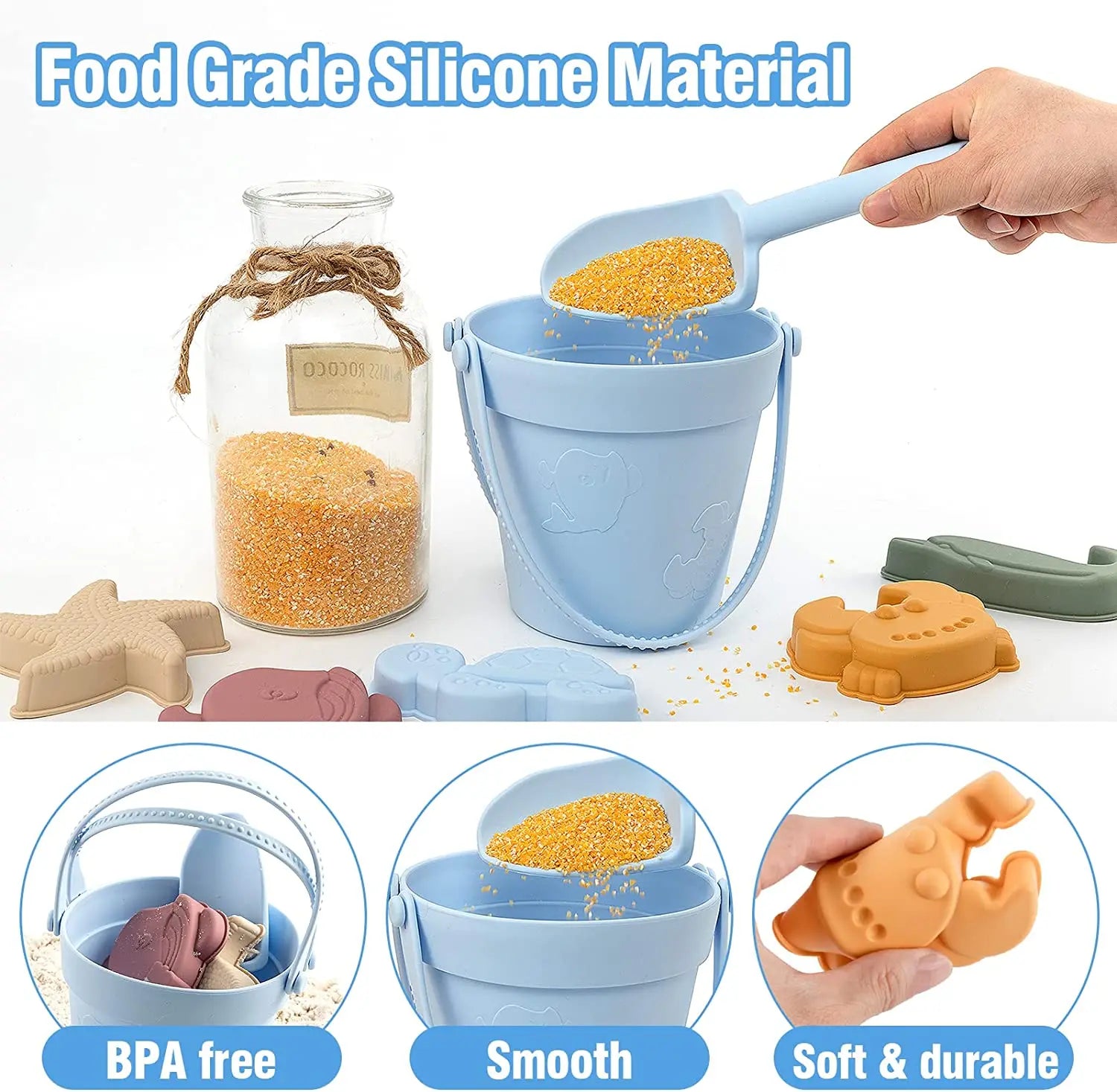 Silicone sand toys including a bucket, molds, and a jar with sand, labeled as food-grade and BPA-free.