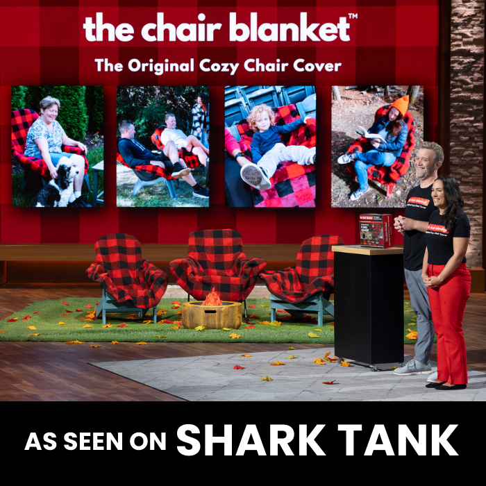 Promotional setup for 'the chair blanket' with people using it, set against a red checkered background.