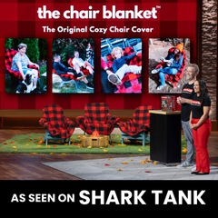 Promotional setup for 'the chair blanket' with people using it, set against a red checkered background.