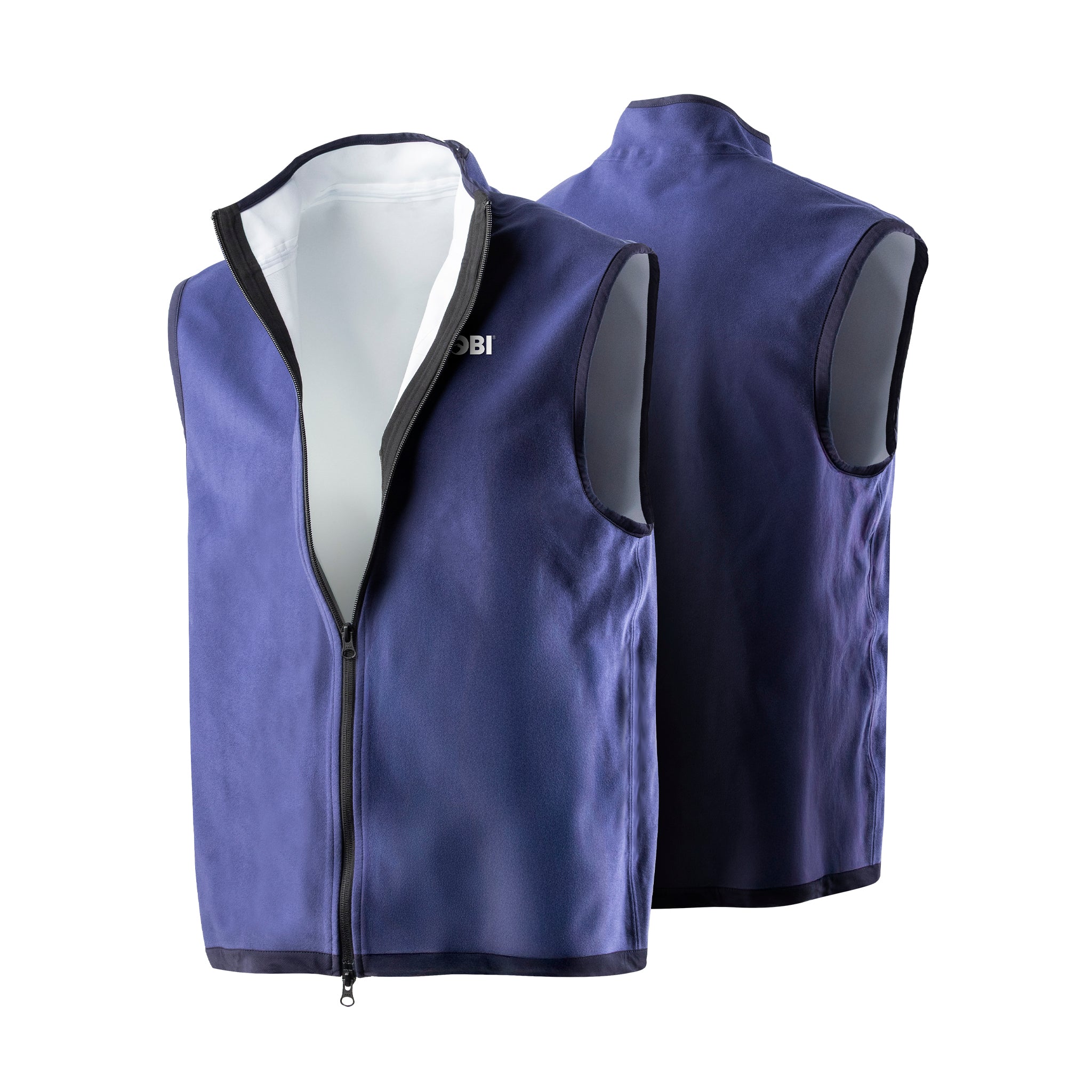 Blue vest with black trim on a white background