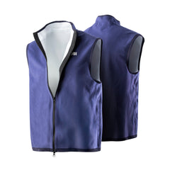 Blue vest with black trim on a white background