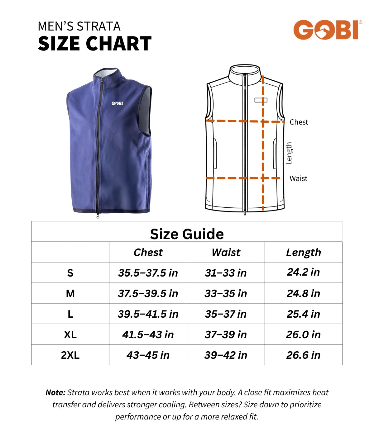 Men's Strata size chart for a vest with Gobi branding