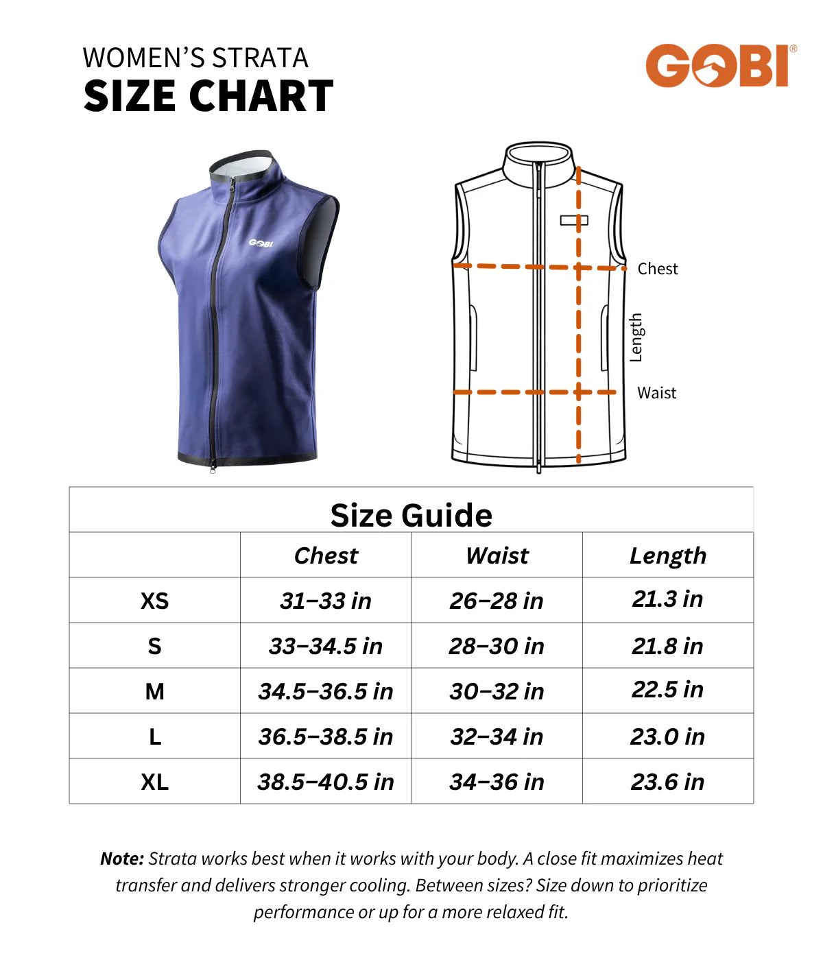 Size chart for women's strata vest with measurements and Gobi branding