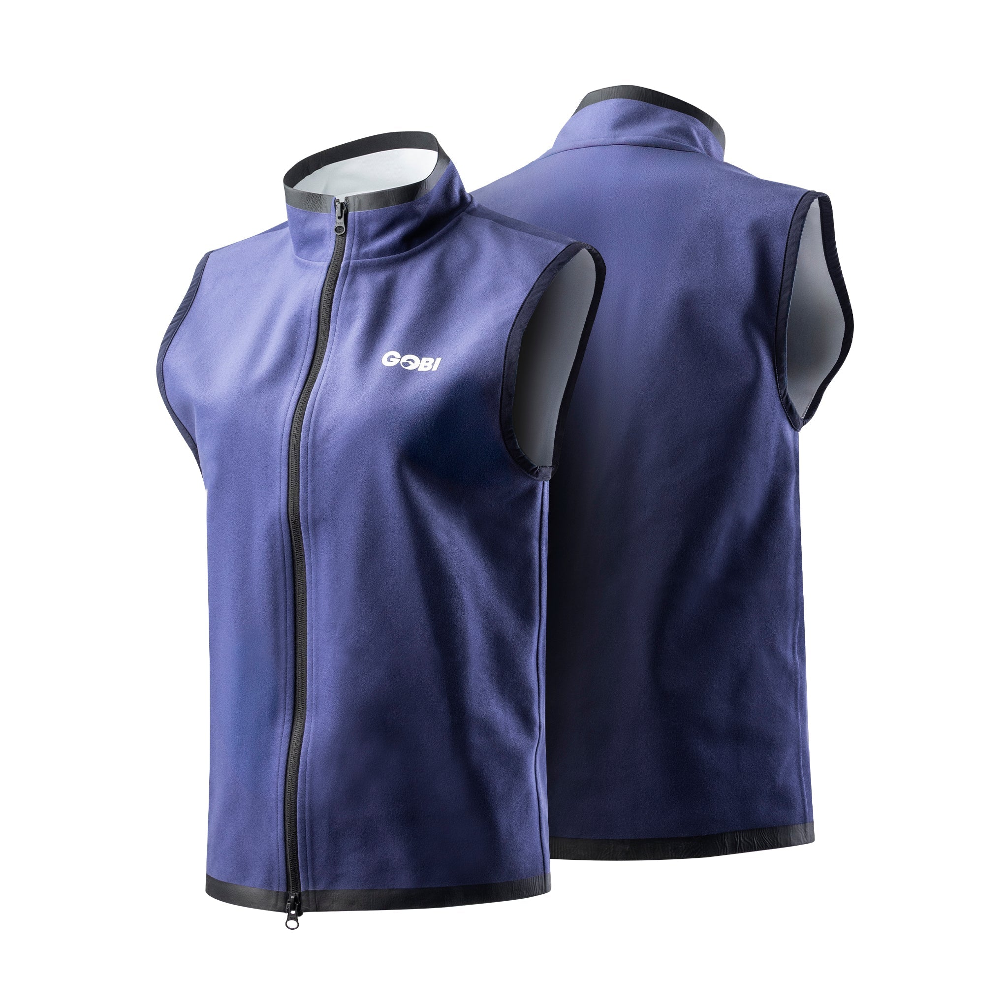 Blue vest with a brand logo on a white background