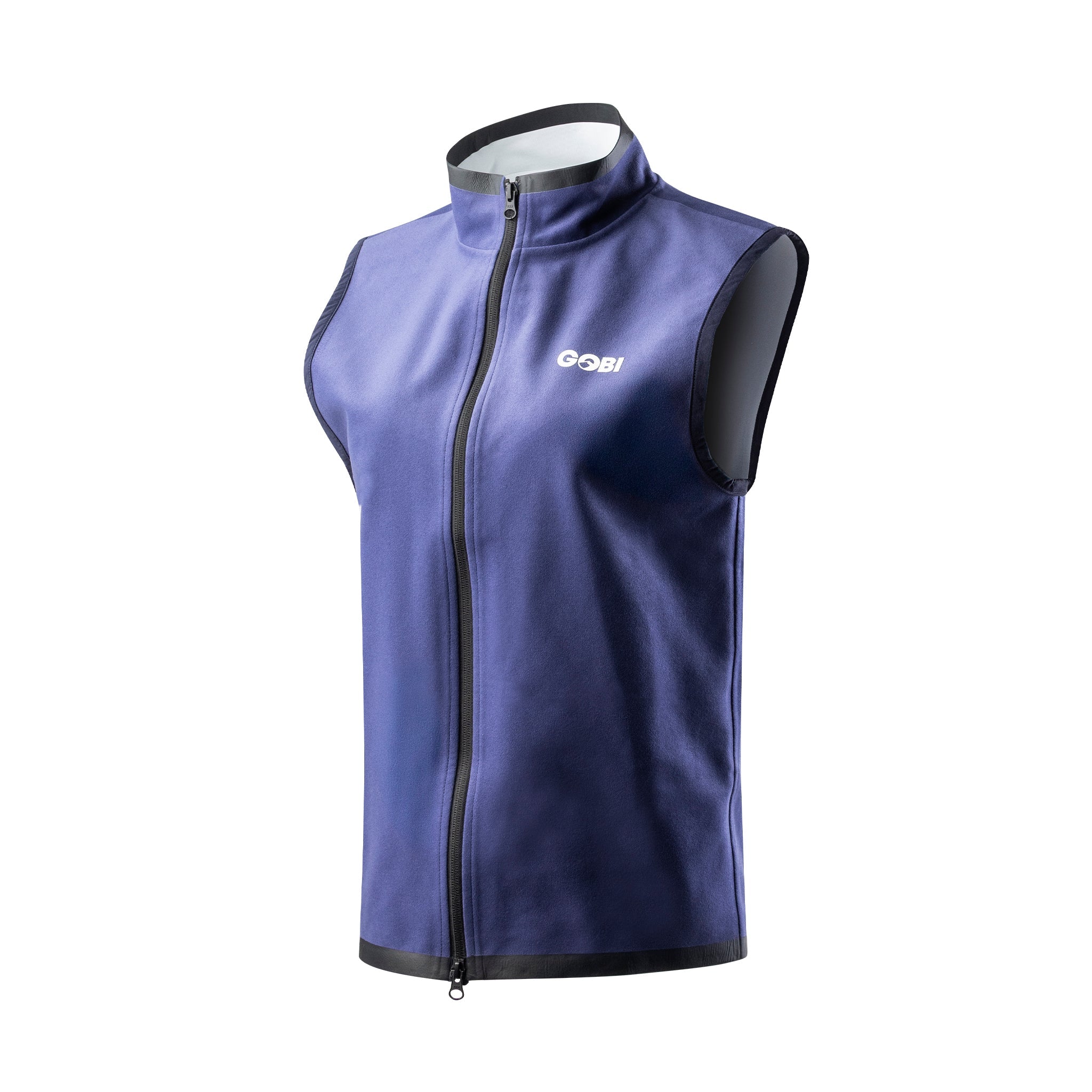 Blue sleeveless jacket with a brand logo on a white background