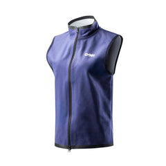 Blue sleeveless jacket with a brand logo on a white background