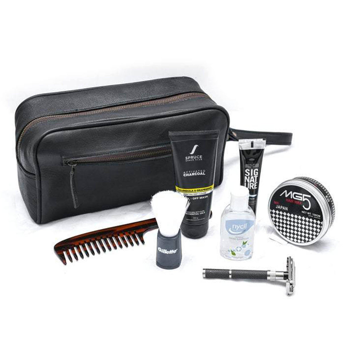 Grooming kit with black toiletry bag, comb, bottles, and other items on a white background