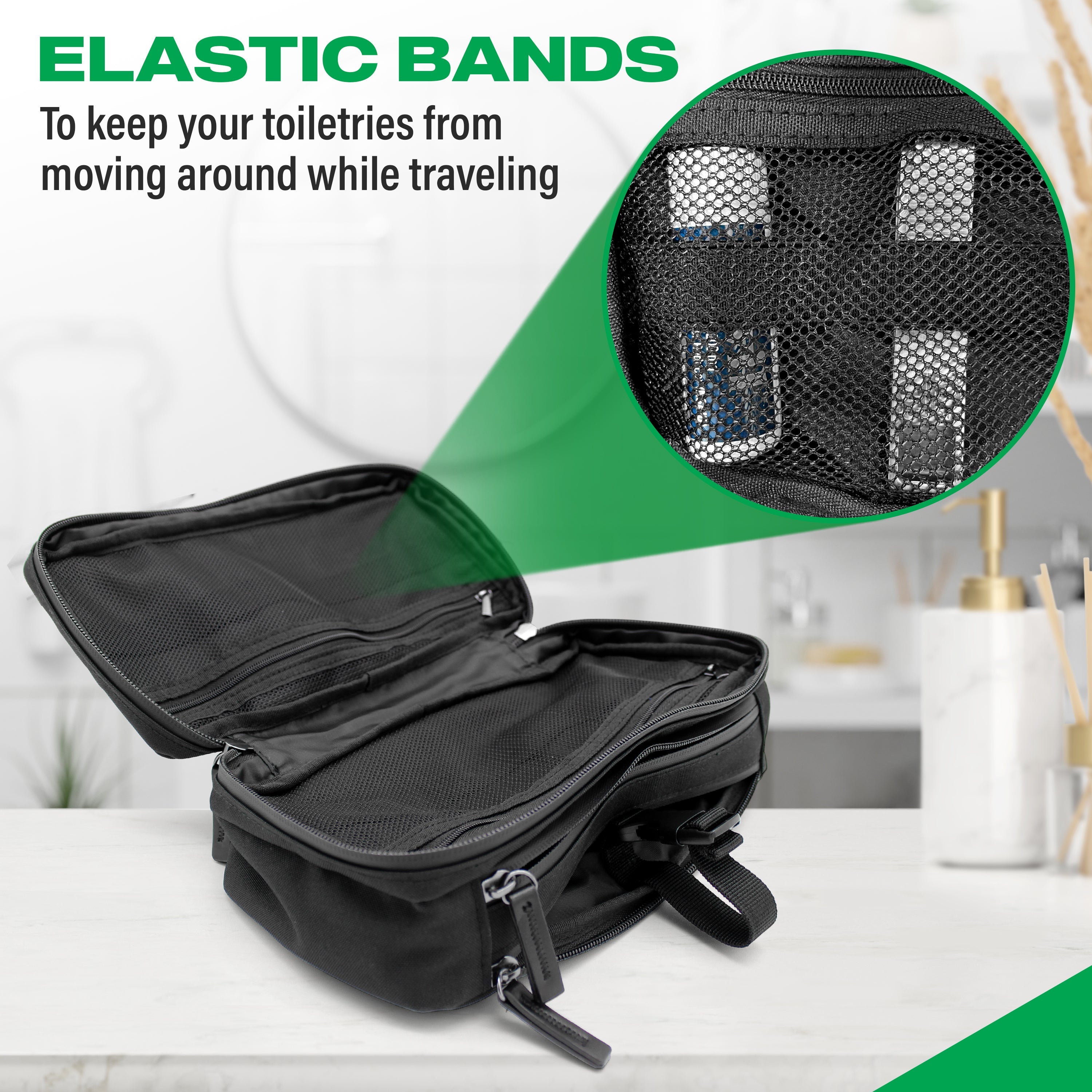 Black travel bag with elastic bands to keep toiletries organized, on a white surface.