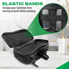 Black travel bag with elastic bands to keep toiletries organized, on a white surface.