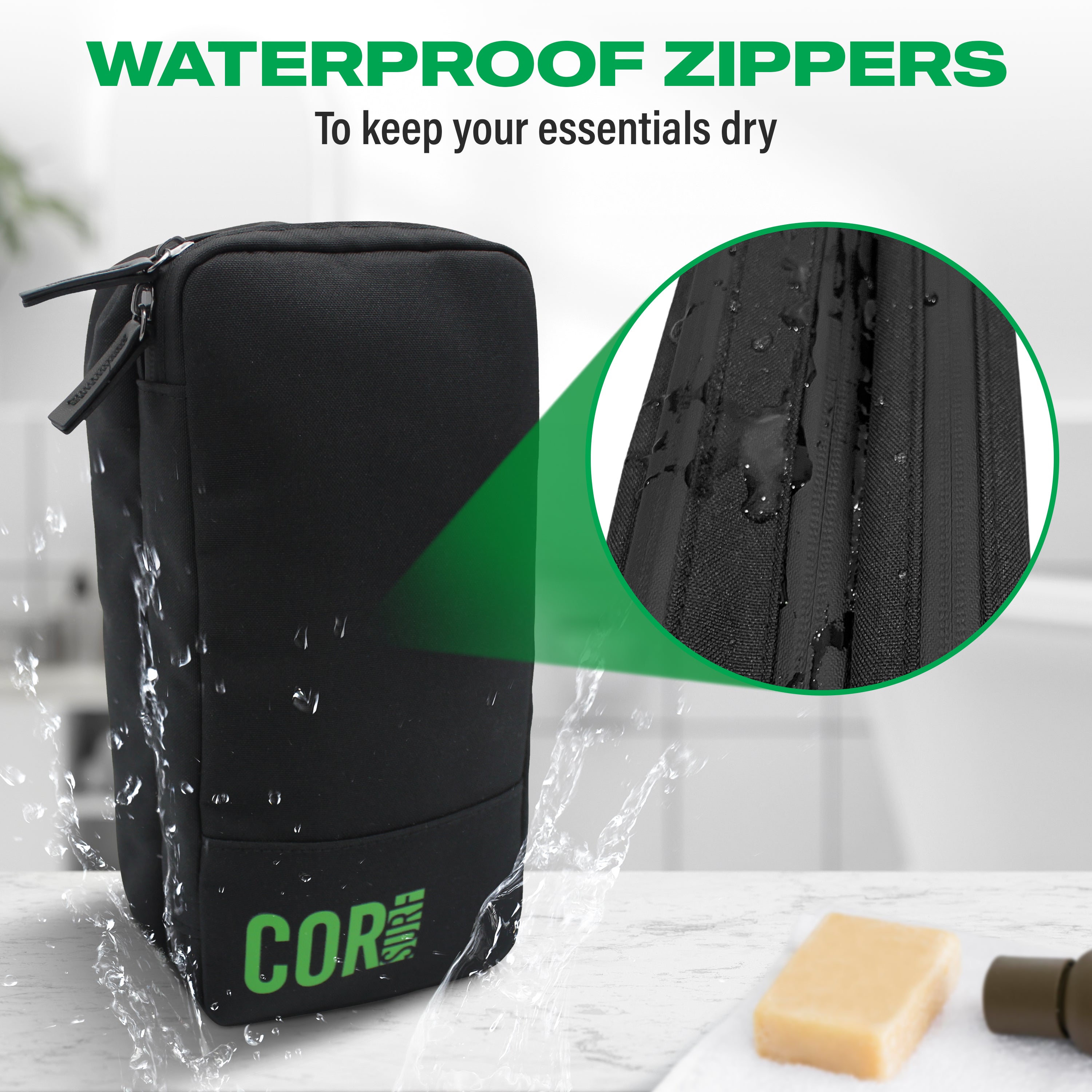 Black zippered pouch with 'COR' branding, shown with waterproof zippers and water splashes.