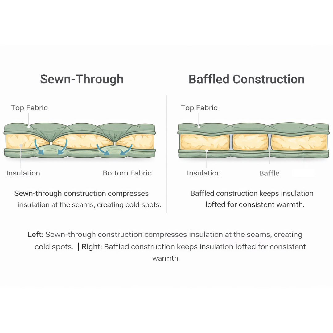 Comparison of sewn-through and baffled construction in insulation with labeled parts.