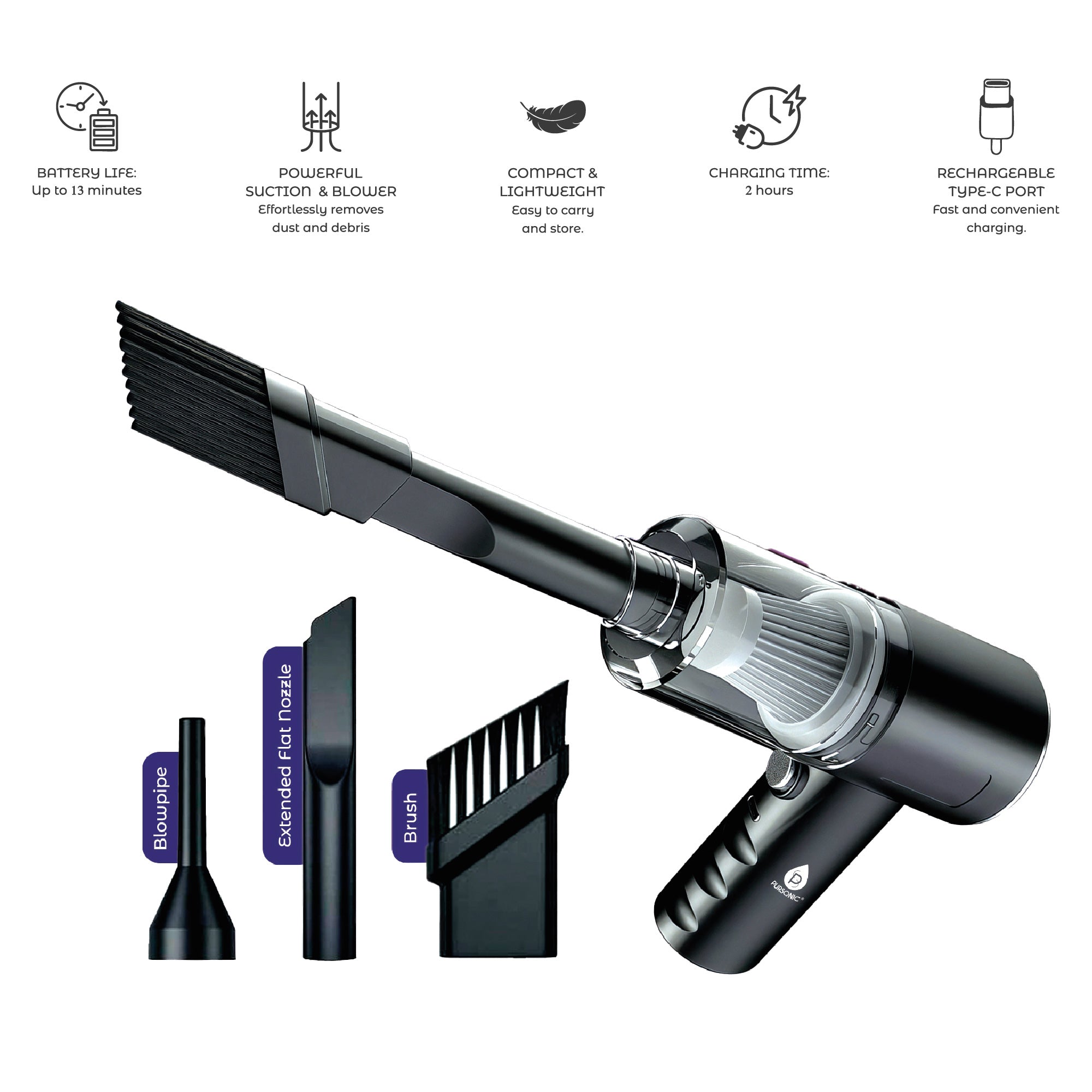 Black handheld vacuum cleaner with attachments on a white background
