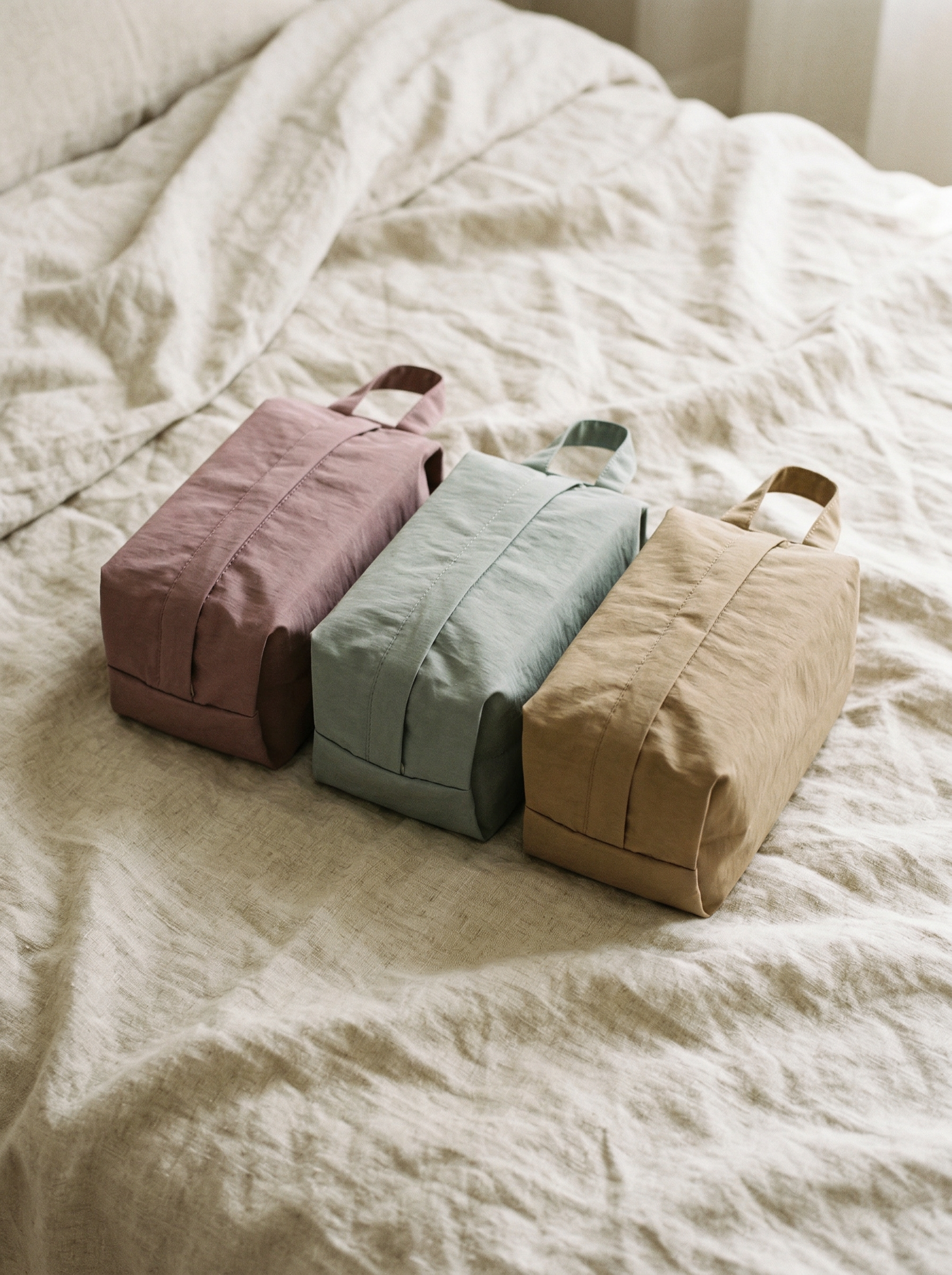 Three fabric bags in pink, green, and beige on a bed