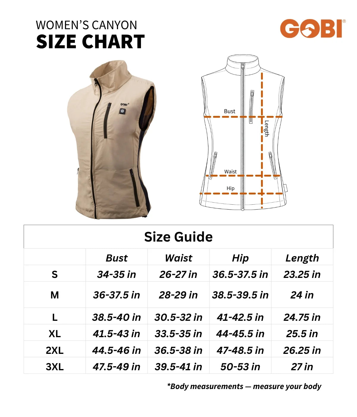 GOBI Women's Canyon size chart graphic showing a beige sleeveless zip-front vest, a white outline measurement diagram with orange dashed lines, and a size guide table with bust, waist, hip, and length measurements for sizes S through 3XL.